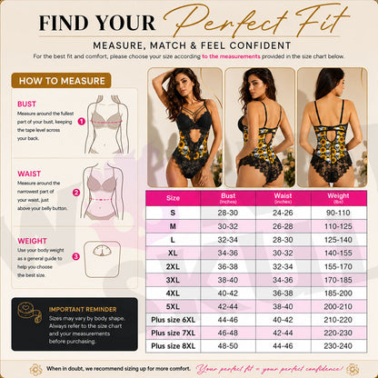 Wonder Skull Gothic Skull Sunflowers Lingerie Bodysuit blends gothic edge with cheerful energy. Padded underwire lace cups offer support, while breathable floral lace panels keep you cool. The strappy cage neckline adds eye-catching detail that works alone or under your favorite tops. Adjustable straps and a back closure ensure a perfect fit. Bold skull artwork paired with vibrant yellow sunflowers creates a striking contrast that reflects your fearless personality.