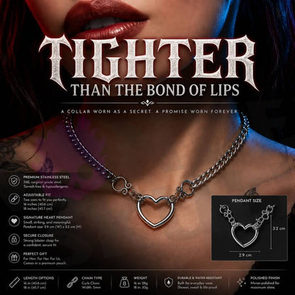Wonder Skull Heart Ring Day Collar Discreet Stainless Steel Sub Necklace - A seamless heart-ring day collar in waterproof stainless steel — 24/7 wearable, discreetly symbolic, and with an optional lock that holds your bond tighter than the bond of lips.