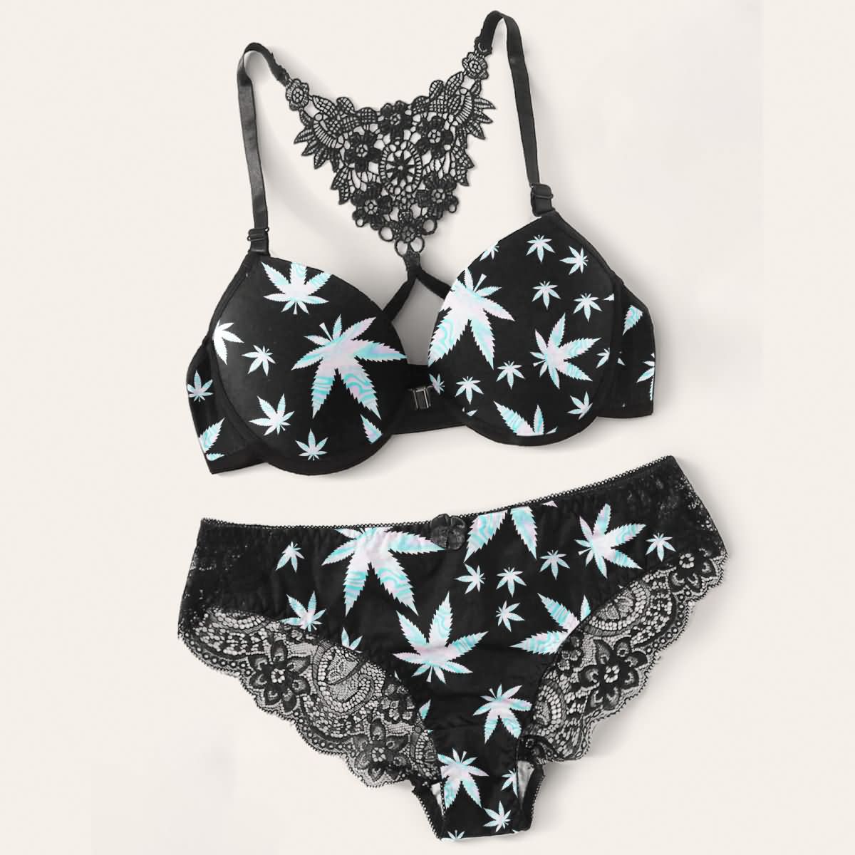 Wonder Skull High on Desire Lace Lingerie Set features a bold leaf print, sheer floral lace, and a strappy racerback with a front-clip clasp for style and convenience. Made from breathable, lightweight fabric, it offers comfort and elegance, perfect for showcasing confidence. Shop now to elevate your lingerie collection!