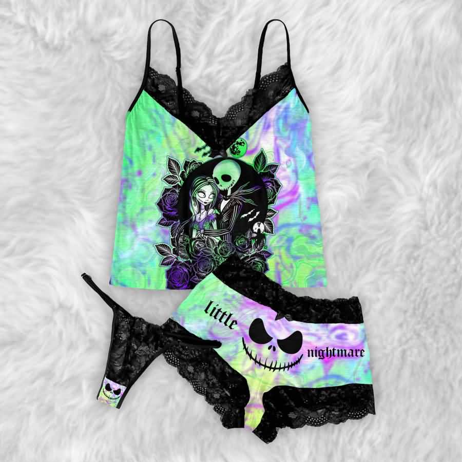 Add a little mischief to your bedtime routine with the Wonder Skull Lace 3-Piece Sleepwear Set. This set includes a lace-trim camisole, matching shorts, and a coordinating thong in a bold green-and-purple graphic print. Delicate black lace adds a feminine touch, while the playful design keeps you feeling comfortable and confident after dark.