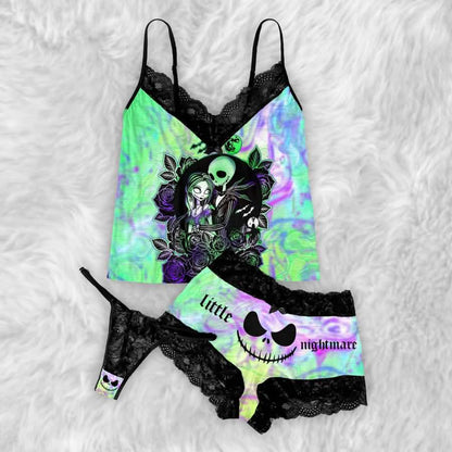 Add a little mischief to your bedtime routine with the Wonder Skull Lace 3-Piece Sleepwear Set. This set includes a lace-trim camisole, matching shorts, and a coordinating thong in a bold green-and-purple graphic print. Delicate black lace adds a feminine touch, while the playful design keeps you feeling comfortable and confident after dark.