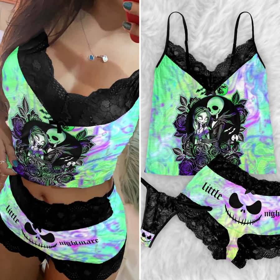 Add a little mischief to your bedtime routine with the Wonder Skull Lace 3-Piece Sleepwear Set. This set includes a lace-trim camisole, matching shorts, and a coordinating thong in a bold green-and-purple graphic print. Delicate black lace adds a feminine touch, while the playful design keeps you feeling comfortable and confident after dark.