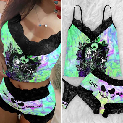 Add a little mischief to your bedtime routine with the Wonder Skull Lace 3-Piece Sleepwear Set. This set includes a lace-trim camisole, matching shorts, and a coordinating thong in a bold green-and-purple graphic print. Delicate black lace adds a feminine touch, while the playful design keeps you feeling comfortable and confident after dark.