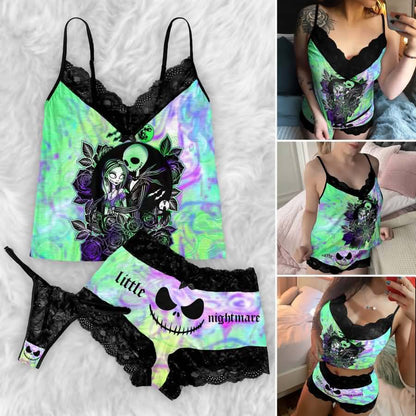 Add a little mischief to your bedtime routine with the Wonder Skull Lace 3-Piece Sleepwear Set. This set includes a lace-trim camisole, matching shorts, and a coordinating thong in a bold green-and-purple graphic print. Delicate black lace adds a feminine touch, while the playful design keeps you feeling comfortable and confident after dark.