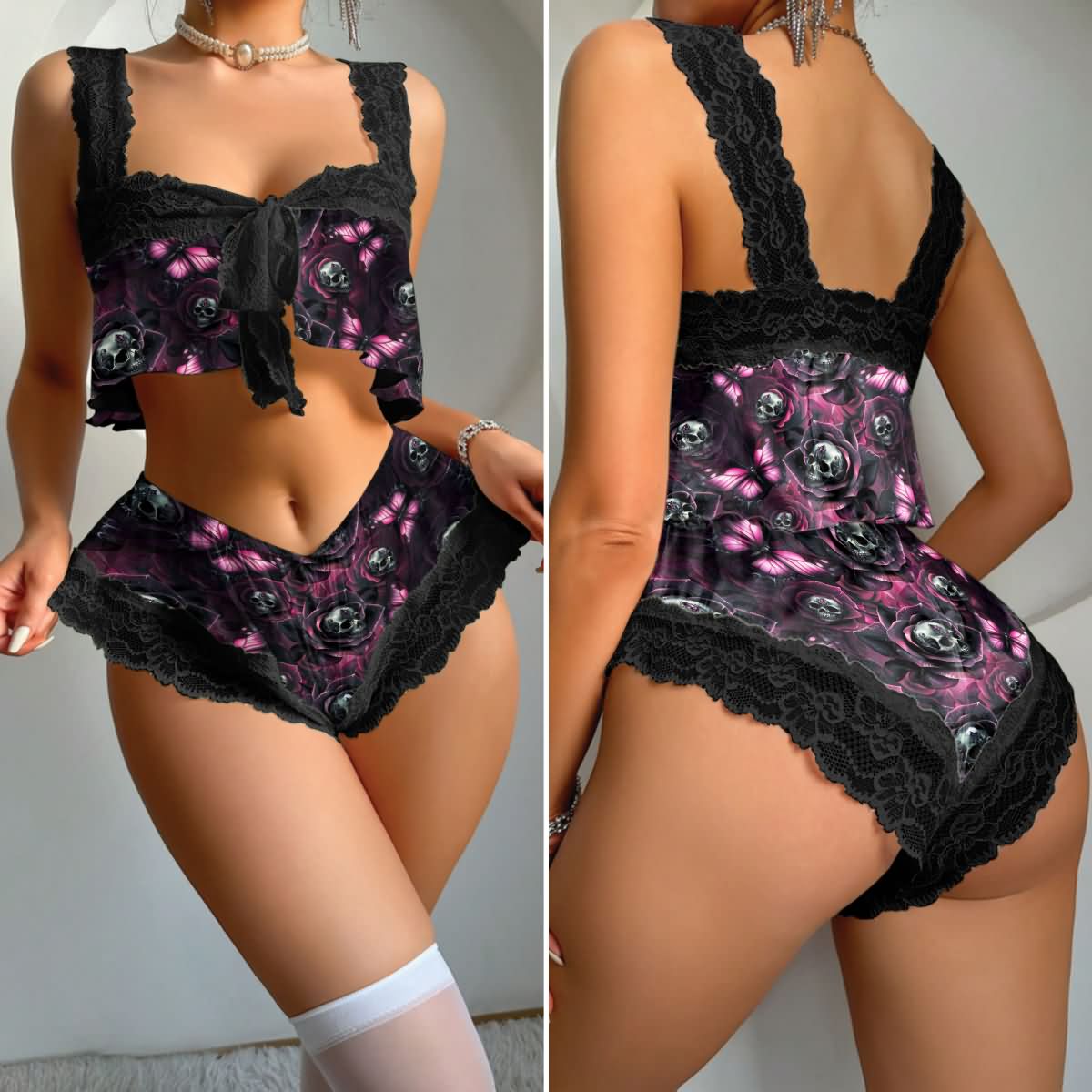 Wonder Skull Midnight Bloom Pajama Set blends edgy style with comfort, featuring skull and butterfly designs, lightweight fabric, and lace details. Perfect for lounging or romantic nights, this bold sleepwear enhances confidence and curves.