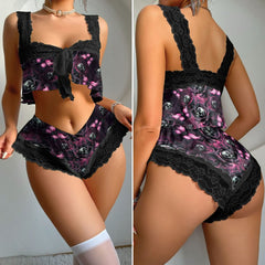 Wonder Skull Midnight Bloom Pajama Set blends edgy style with comfort, featuring skull and butterfly designs, lightweight fabric, and lace details. Perfect for lounging or romantic nights, this bold sleepwear enhances confidence and curves.