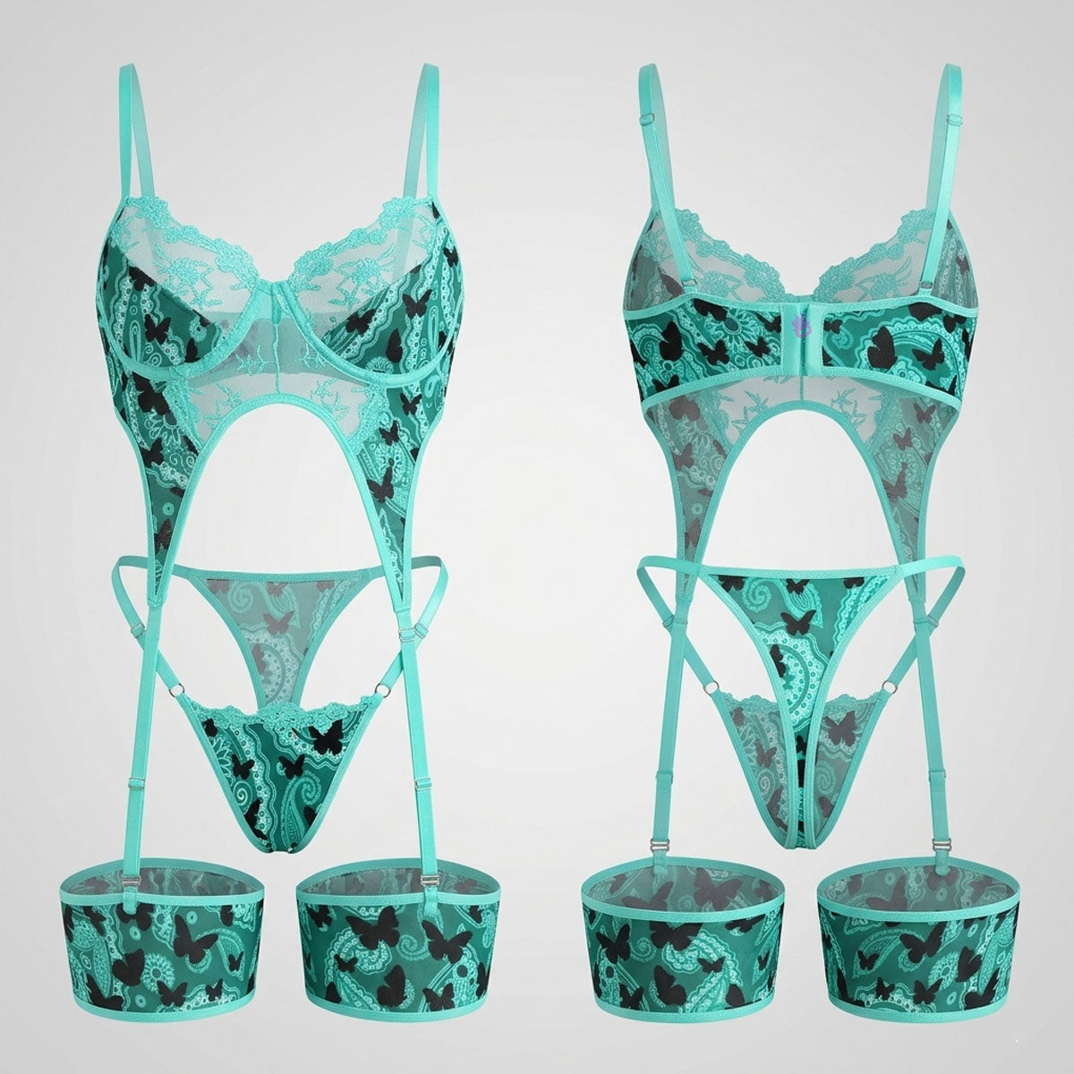 Midnight Flutter Lingerie Aqua Glow Lace Garter Bodysuit Sleepwear Set