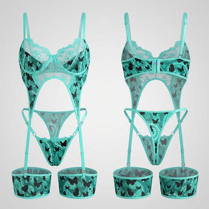Midnight Flutter Lingerie Aqua Glow Lace Garter Bodysuit Sleepwear Set