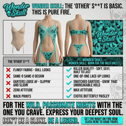 Discover the Wonder Skull Midnight Flutter Lingerie Set, featuring an Aqua Glow Lace Garter Bodysuit that flatters your curves. With cutouts, an open-front bodice, and supportive underwire cups, it’s the perfect mix of sexy and comfortable. Made from soft, breathable mesh with matching garters, it’s great for special occasions or upgrading your sleepwear. Shop now to elevate your lingerie game!