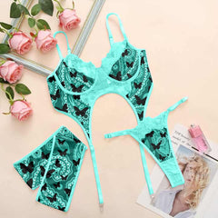 Midnight Flutter Lingerie Aqua Glow Lace Garter Bodysuit Sleepwear Set
