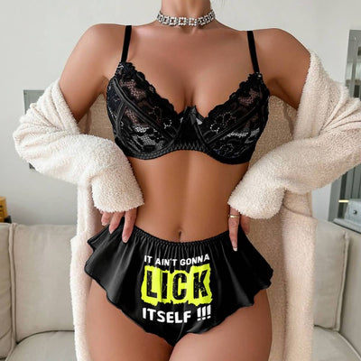 Wonder Skull Naughty Black Lace Underwire Bra and High-Waisted Panty Set offers support, comfort, and confidence. The breathable lace bra lifts without the itch of traditional materials, while the soft, flexible panties with a playful graphic add personality. This set turns daily wear into a mood booster.