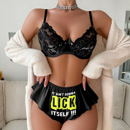 Wonder Skull Naughty Black Lace Underwire Bra and High-Waisted Panty Set offers support, comfort, and confidence. The breathable lace bra lifts without the itch of traditional materials, while the soft, flexible panties with a playful graphic add personality. This set turns daily wear into a mood booster.