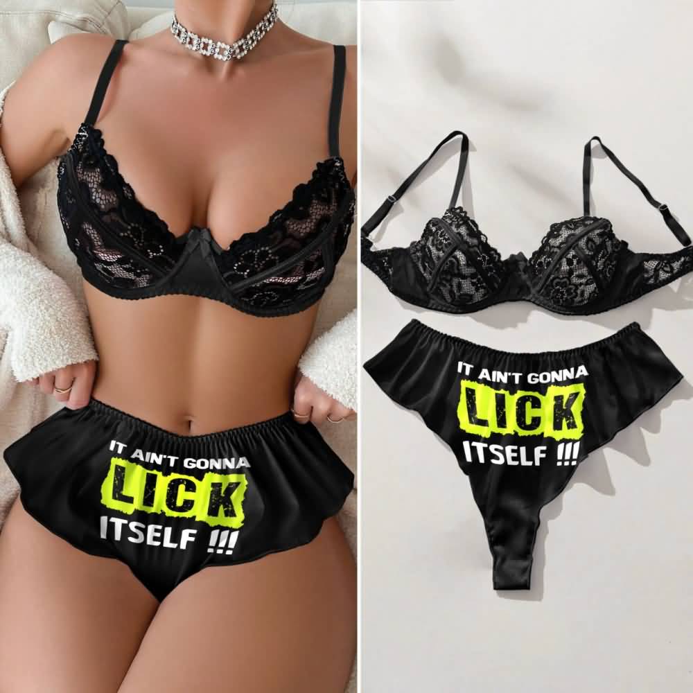 Wonder Skull Naughty Black Lace Underwire Bra and High-Waisted Panty Set offers support, comfort, and confidence. The breathable lace bra lifts without the itch of traditional materials, while the soft, flexible panties with a playful graphic add personality. This set turns daily wear into a mood booster.