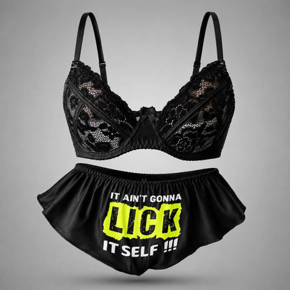 Naughty Black Lace Underwire Bra High Waisted Panty Pajama Sleepwear Set