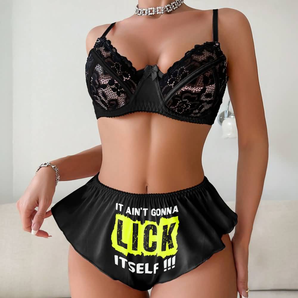 Wonder Skull Naughty Black Lace Underwire Bra and High-Waisted Panty Set offers support, comfort, and confidence. The breathable lace bra lifts without the itch of traditional materials, while the soft, flexible panties with a playful graphic add personality. This set turns daily wear into a mood booster.