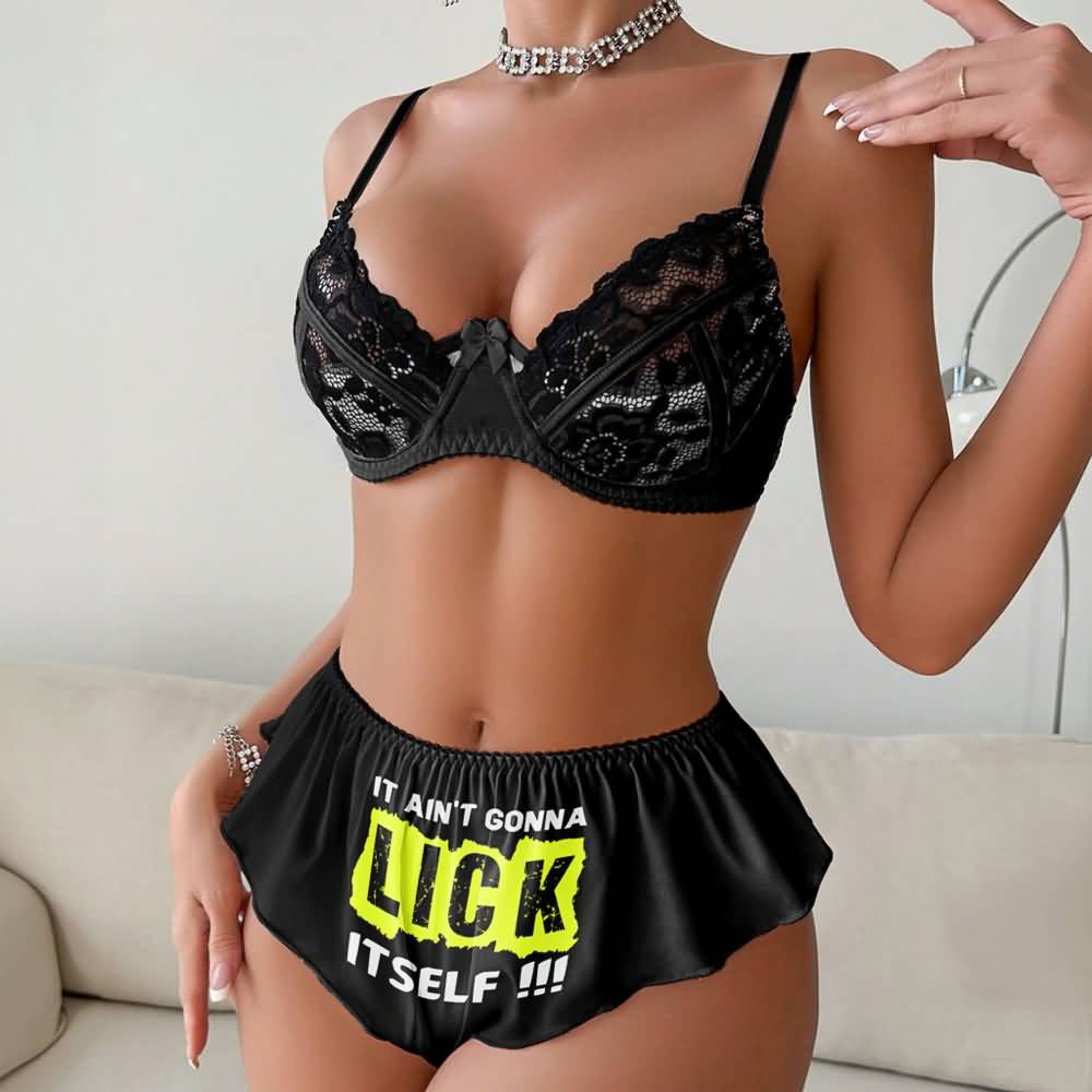 Wonder Skull Naughty Black Lace Underwire Bra and High-Waisted Panty Set offers support, comfort, and confidence. The breathable lace bra lifts without the itch of traditional materials, while the soft, flexible panties with a playful graphic add personality. This set turns daily wear into a mood booster.
