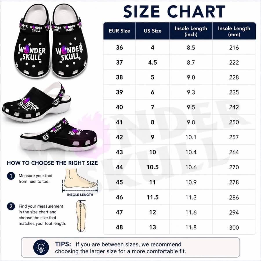 Wonder Skull Lightweight Clog Sandals are designed for all-day comfort. Featuring breathable ventilation holes, a cushioned footbed, and a pivoting heel strap, these versatile unisex clogs are perfect for use at home, outdoors, or at work — whatever your profession may be.