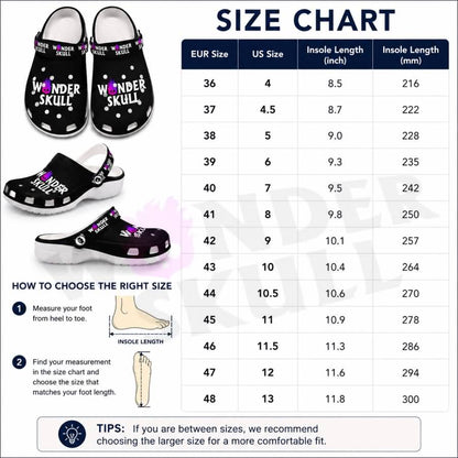 Wonder Skull Lightweight Clog Sandals are designed for all-day comfort. Featuring breathable ventilation holes, a cushioned footbed, and a pivoting heel strap, these versatile unisex clogs are perfect for use at home, outdoors, or at work — whatever your profession may be.