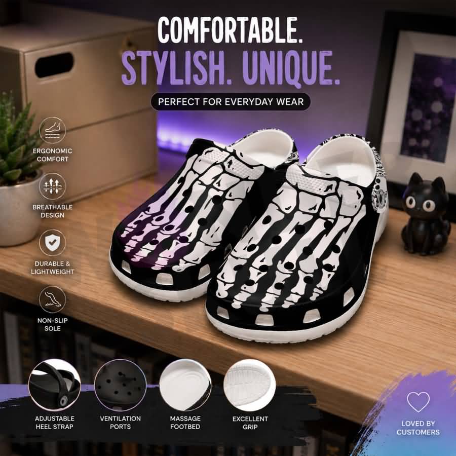 Wonder Skull Lightweight Clog Sandals are designed for all-day comfort. Featuring breathable ventilation holes, a cushioned footbed, and a pivoting heel strap, these versatile unisex clogs are perfect for use at home, outdoors, or at work — whatever your profession may be.