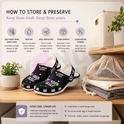 Wonder Skull Lightweight Clog Sandals are designed for all-day comfort. Featuring breathable ventilation holes, a cushioned footbed, and a pivoting heel strap, these versatile unisex clogs are perfect for use at home, outdoors, or at work — whatever your profession may be.