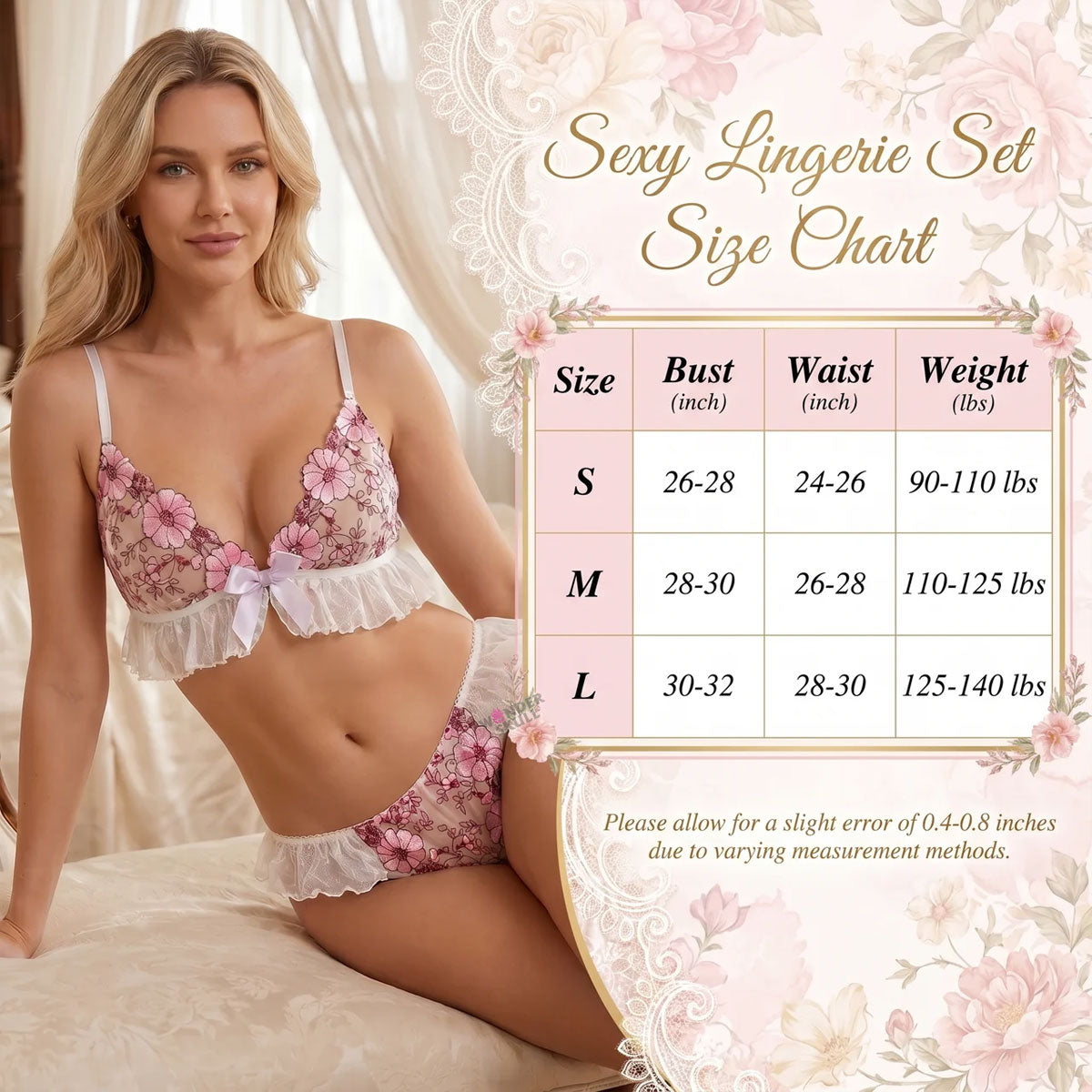 Wonder Skull Pink Floral Lace Embroidered Ruffle Bralette and Panty Set offers a feminine look without uncomfortable squeezing or digging. Its wire-free, soft cup design and breathable mesh fabric allow for natural movement while keeping you cool. The smooth floral embroidery adds a touch of romance without causing irritation. Adjustable straps and a hook-and-eye closure ensure a custom, secure fit. Finished with sweet white ruffle trim and satin bows, this set is designed to make you feel both beautiful an