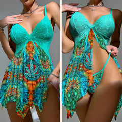 Wonder Skull Psychedelic Bloom Lace Nightgown Set combines elegance and allure with its flattering fit, bold psychedelic print, playful satin bow, and lightweight, breathable fabric. Complete with a matching thong, it’s perfect for creating a romantic, confident look for special occasions.