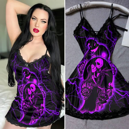 Wonder Skull black satin slip nightgown features bold purple skeleton artwork to liven up your bedtime routine. Buttery-soft satin glides against your skin, with delicate black lace trimming the neckline and hem. Adjustable spaghetti straps ensure a perfect fit, while the flowing A-line silhouette flatters your figure. The purple skeleton couple surrounded by roses makes a bold romantic statement, so you can feel beautifully yourself in your most private moments.