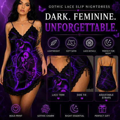 Wonder Skull black satin slip nightgown features bold purple skeleton artwork to liven up your bedtime routine. Buttery-soft satin glides against your skin, with delicate black lace trimming the neckline and hem. Adjustable spaghetti straps ensure a perfect fit, while the flowing A-line silhouette flatters your figure. The purple skeleton couple surrounded by roses makes a bold romantic statement, so you can feel beautifully yourself in your most private moments.