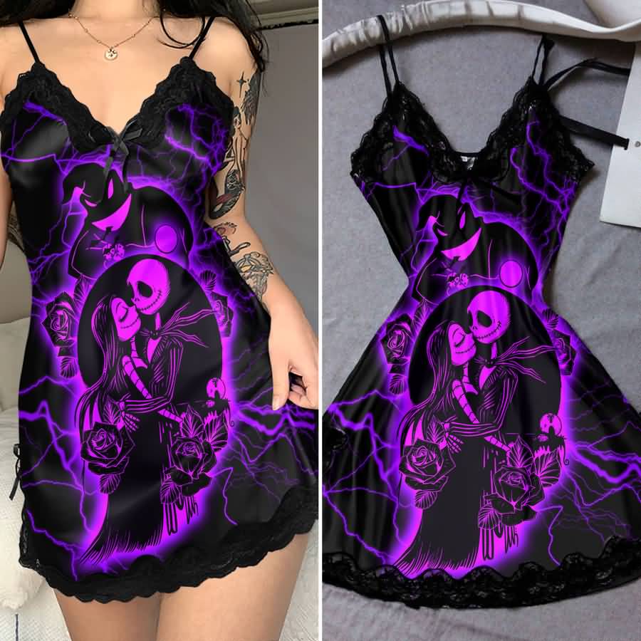 Wonder Skull black satin slip nightgown features bold purple skeleton artwork to liven up your bedtime routine. Buttery-soft satin glides against your skin, with delicate black lace trimming the neckline and hem. Adjustable spaghetti straps ensure a perfect fit, while the flowing A-line silhouette flatters your figure. The purple skeleton couple surrounded by roses makes a bold romantic statement, so you can feel beautifully yourself in your most private moments.