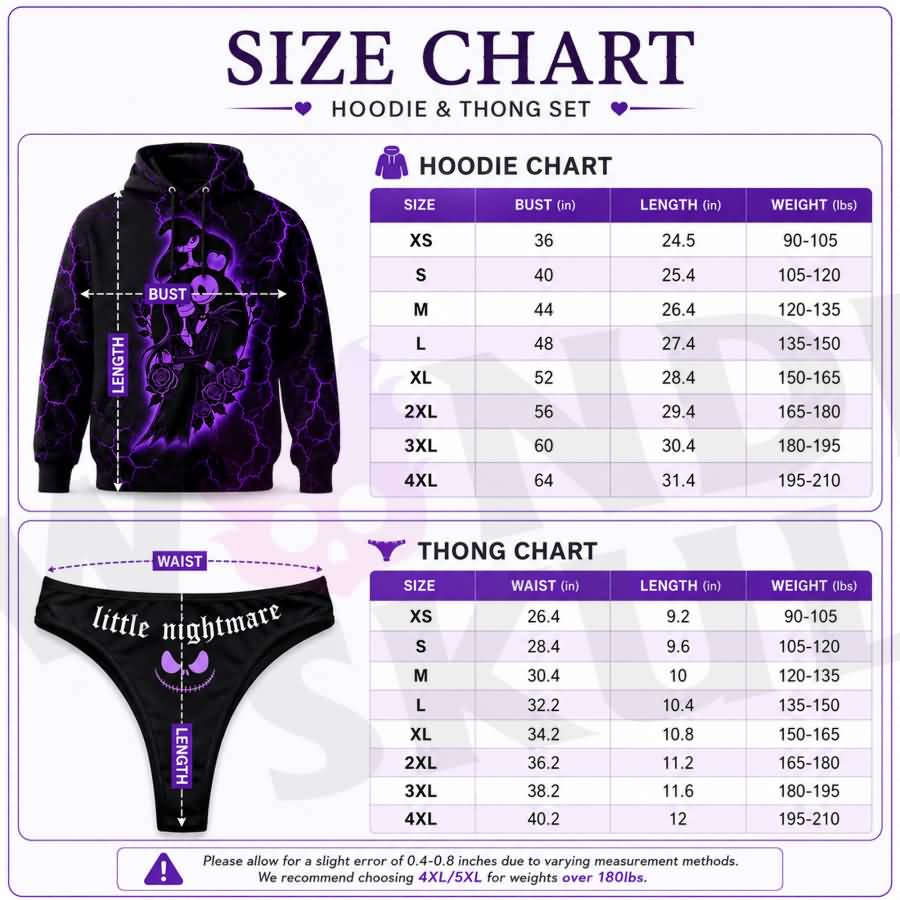 Wonder Skull Purple Lightning Skeleton Naughty Hoodie Matching Thong Set turns everyday loungewear into a bold statement. Soft brushed fleece keeps you cozy, while the adjustable drawstring hood and oversized fit give you warmth and freedom. The purple lightning pattern and skeleton couple artwork add a unique edge, paired with a matching "little nightmare" thong featuring a skull graphic. Perfect for sleeping, binge-watching, or working from home.