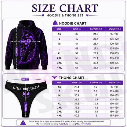 Wonder Skull Purple Lightning Skeleton Naughty Hoodie Matching Thong Set turns everyday loungewear into a bold statement. Soft brushed fleece keeps you cozy, while the adjustable drawstring hood and oversized fit give you warmth and freedom. The purple lightning pattern and skeleton couple artwork add a unique edge, paired with a matching "little nightmare" thong featuring a skull graphic. Perfect for sleeping, binge-watching, or working from home.