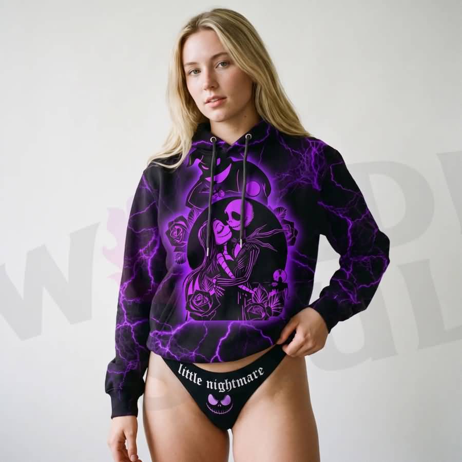 Wonder Skull Purple Lightning Skeleton Naughty Hoodie Matching Thong Set turns everyday loungewear into a bold statement. Soft brushed fleece keeps you cozy, while the adjustable drawstring hood and oversized fit give you warmth and freedom. The purple lightning pattern and skeleton couple artwork add a unique edge, paired with a matching "little nightmare" thong featuring a skull graphic. Perfect for sleeping, binge-watching, or working from home.