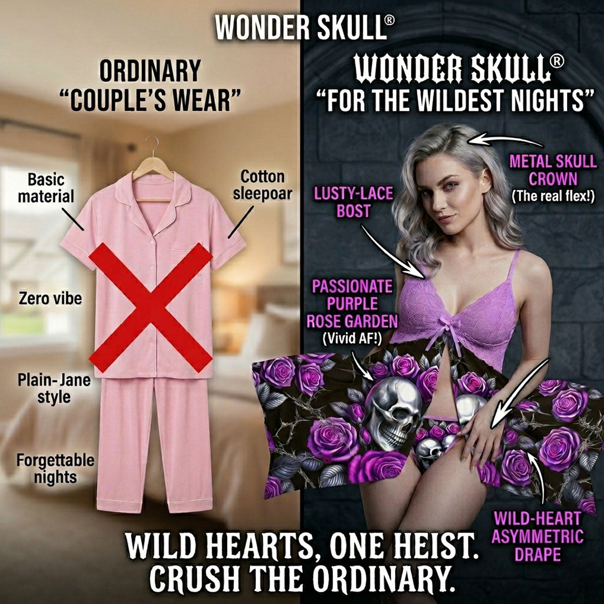 Wonder Skull Purple Roses Skull Lace Nightgown Babydoll Sleepwear Set combines sweet and edgy details with silver skull accents, rose patterns, and a playful satin bow. Made from lightweight fabric with a jagged hem for a daring vibe, it comes with a matching thong for a complete, confident look. Perfect for those who love romantic yet rebellious styles.
