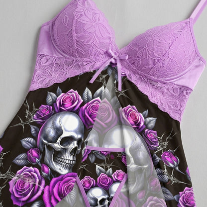 Wonder Skull Purple Roses Skull Lace Nightgown Babydoll Sleepwear Set combines sweet and edgy details with silver skull accents, rose patterns, and a playful satin bow. Made from lightweight fabric with a jagged hem for a daring vibe, it comes with a matching thong for a complete, confident look. Perfect for those who love romantic yet rebellious styles.