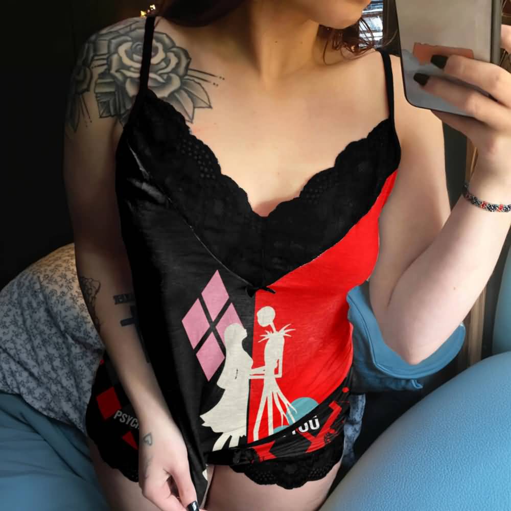 Upgrade your sleepwear with the Wonder Skull Cami Pajama Set. Crafted from silky, breathable fabric, this set keeps you cool and comfortable all night. The soft lace trim adds a feminine touch without irritation, while adjustable spaghetti straps ensure a perfect, custom fit. Finished with a bold graphic print, it’s the perfect blend of personality and comfort for lounging or sleeping.