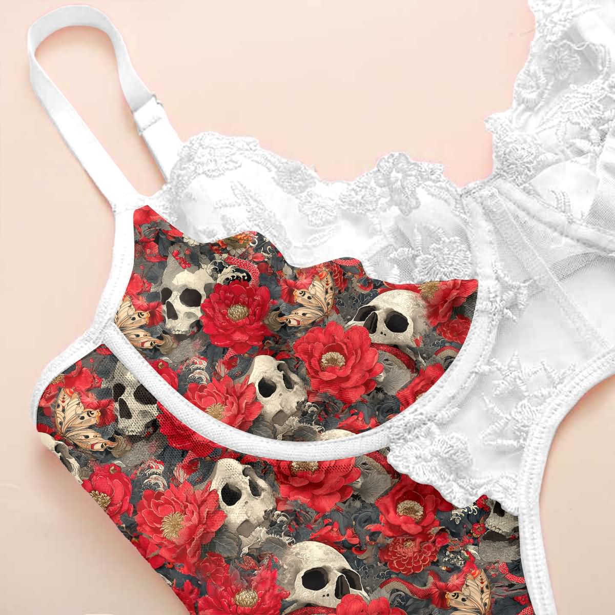 Wonder Skull Red Bloom Skull Lace Garter Lingerie Sleepwear Set combines confidence and charm with supportive underwire cups, white lace trims, and an open-front cutout design. Adjustable straps and soft-stretch material ensure comfort, while matching garters complete the look. Perfect for date nights or solo moments, it’s designed to make you feel fearless and unforgettable.