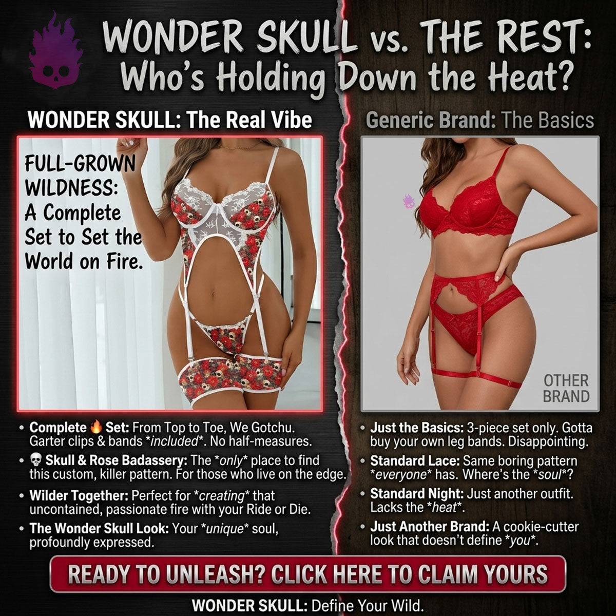 Wonder Skull Red Bloom Skull Lace Garter Lingerie Sleepwear Set combines confidence and charm with supportive underwire cups, white lace trims, and an open-front cutout design. Adjustable straps and soft-stretch material ensure comfort, while matching garters complete the look. Perfect for date nights or solo moments, it’s designed to make you feel fearless and unforgettable.