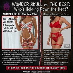 Wonder Skull Red Bloom Skull Lace Garter Lingerie Sleepwear Set combines confidence and charm with supportive underwire cups, white lace trims, and an open-front cutout design. Adjustable straps and soft-stretch material ensure comfort, while matching garters complete the look. Perfect for date nights or solo moments, it’s designed to make you feel fearless and unforgettable.