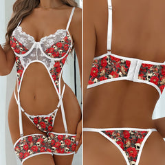 Wonder Skull Red Bloom Skull Lace Garter Lingerie Sleepwear Set combines confidence and charm with supportive underwire cups, white lace trims, and an open-front cutout design. Adjustable straps and soft-stretch material ensure comfort, while matching garters complete the look. Perfect for date nights or solo moments, it’s designed to make you feel fearless and unforgettable.