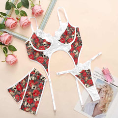 Wonder Skull Red Bloom Skull Lace Garter Lingerie Sleepwear Set combines confidence and charm with supportive underwire cups, white lace trims, and an open-front cutout design. Adjustable straps and soft-stretch material ensure comfort, while matching garters complete the look. Perfect for date nights or solo moments, it’s designed to make you feel fearless and unforgettable.