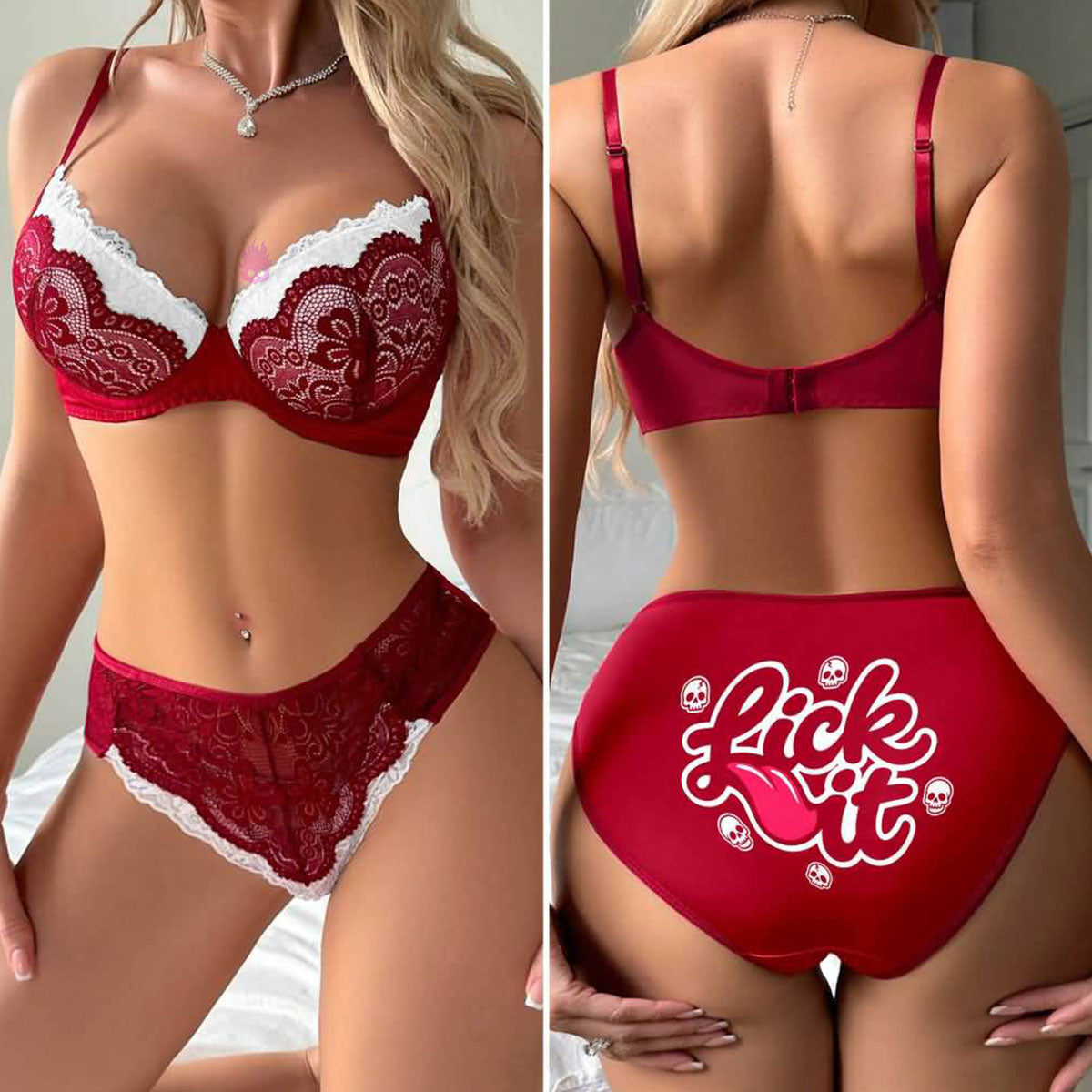 Wonder Skull Red Lace Lingerie Set provides confident support with playful details. Padded underwire cups lift and shape without digging, and the soft floral lace feels gentle on your skin. White lace ruffles add a romantic contrast. The high-waisted panty smooths and flatters, featuring full lace coverage in front and a cheeky, skull-accented graphic print on the back. Adjustable straps and a secure hook closure ensure a comfortable, customized fit.