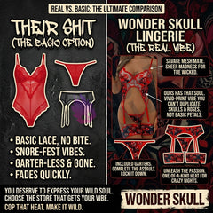 Wonder Skull Red Mischief Skull Lace Garter Bodysuit blends edgy gothic details with seductive style. Featuring skull patterns, red embroidery, and adjustable straps for comfort, it’s perfect for boosting confidence and making a bold statement.