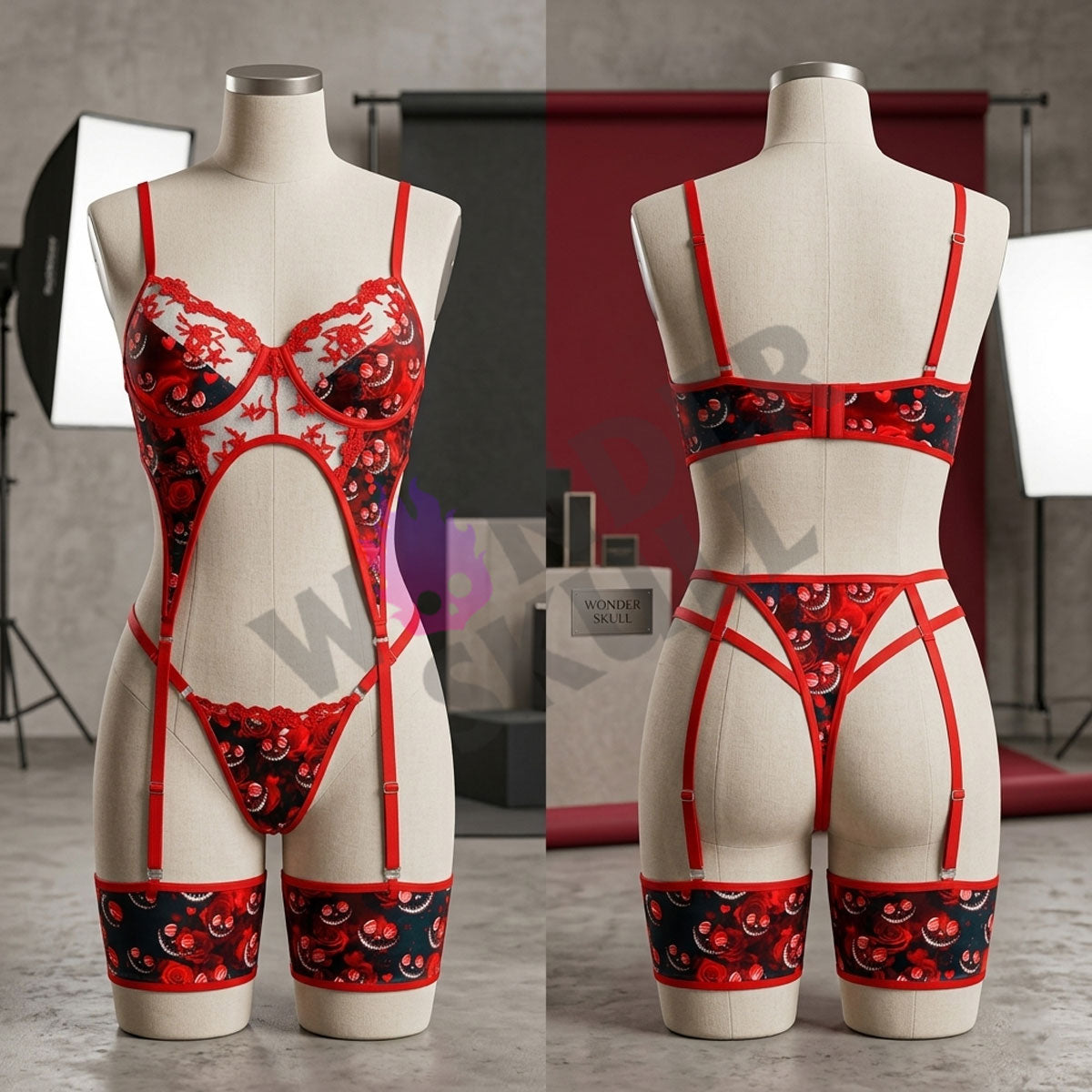 Wonder Skull Red Mischief Skull Lace Garter Bodysuit blends edgy gothic details with seductive style. Featuring skull patterns, red embroidery, and adjustable straps for comfort, it’s perfect for boosting confidence and making a bold statement.