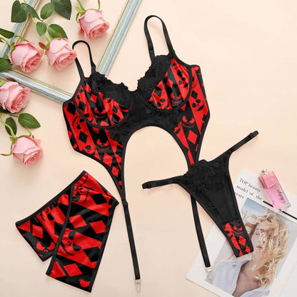 Wonder Skull Red Skull Diamond Underwire Garter Belt Lingerie Set redefines getting dressed. The underwire bra provides reliable support with soft, no-dig edges, while breathable mesh keeps you cool. Adjustable bra straps and detachable garters ensure a perfect fit. Black floral lace adds romance to the bold print, blending self-expression with elegance. This three-piece set gives you a confident, polished look in no time.