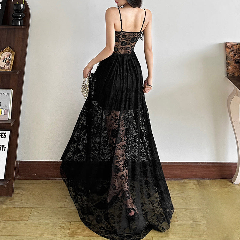 Romatic Gothic Black Lace Dress, Sexy See Through Long Partywear For Women