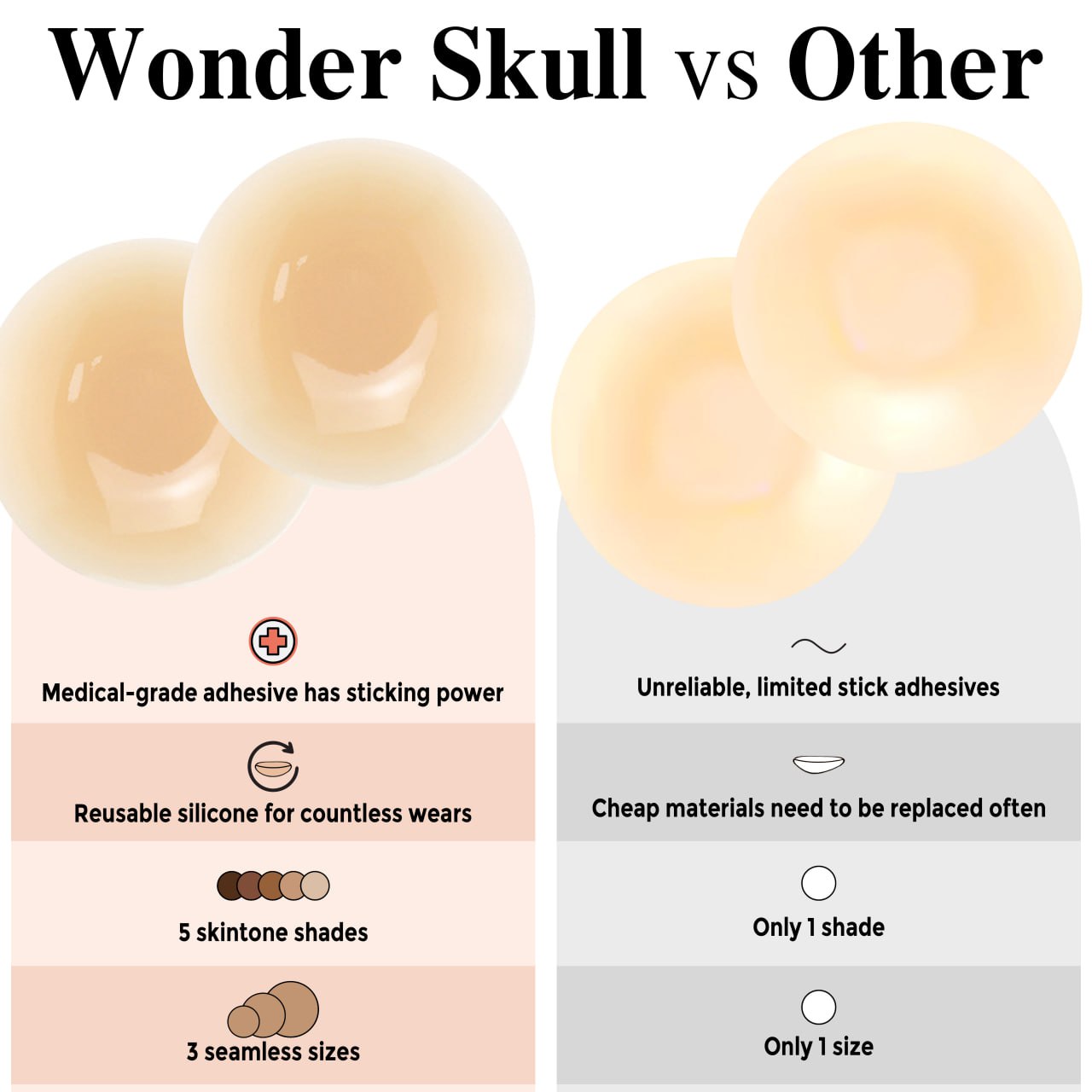 Wonder Skull Silicone Nipple Covers offer a comfortable, reusable alternative to bras with a smooth, invisible finish. Perfect for any outfit, they stay secure for up to 12 hours, resist heat and humidity, and suit all cup sizes.