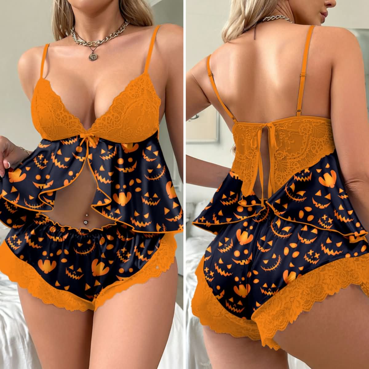 Wonder Skull Smirking Ember Lace Pajama Sleepwear Lingerie Set features a unique ember print on silky black fabric, complemented by vibrant orange lace trim for a touch of gothic glam. The daring open-front babydoll top, fastened with a dainty bow, offers a tantalizing reveal. Crafted from breathable, silky fabric with adjustable straps, this comfortable and stylish set is designed to flatter all body types.