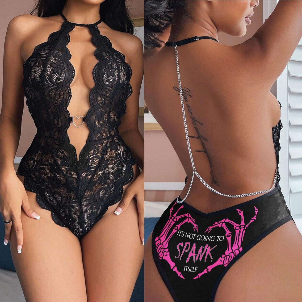 Wonder Skull "Spank It" Naughty Lingerie Backless Bodysuit Halter Teddy Lace Set  is more than just unique lingerie; it's an attitude. Whether you're igniting a spark for a special someone or just spoiling yourself silly, this set is your ticket to feeling like a bold, gothic legend.