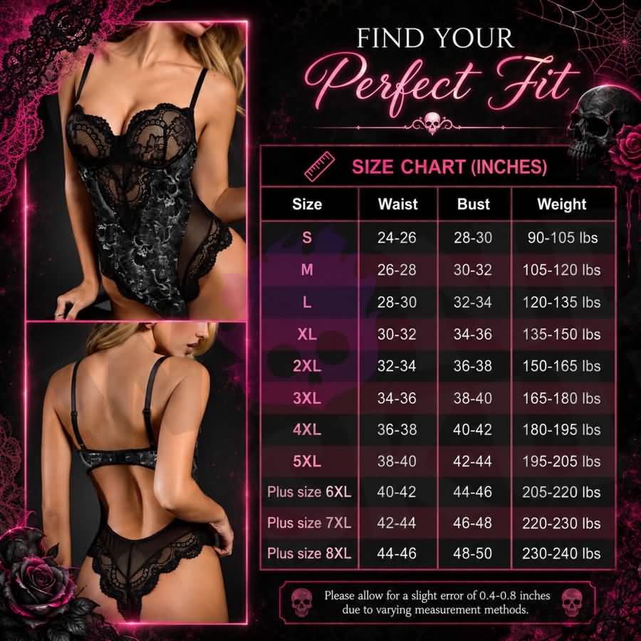 Make your nighttime wardrobe a little more daring with Wonder Skull Spiderweb Skull Gothic Lace Lingerie Print Mesh Bodysuit Sleepwear, featuring intricate lace, sheer panels, adjustable straps, and a bold spiderweb-inspired print. The flexible fit moves comfortably with your body while lightweight mesh helps prevent a heavy, restrictive feeling. From intimate evenings to styling under your favorite outfit, this lace bodysuit gives you a confident, feminine look without sacrificing comfort.