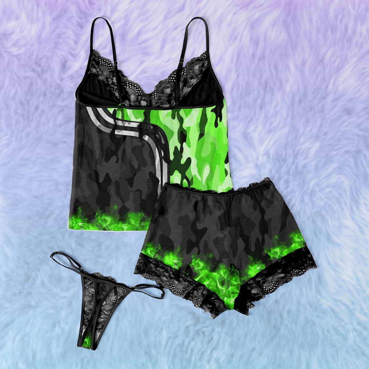 Wonder Skull Vibe Radiant Camo 3 Piece Lace Sleepwear Nightwear Lingerie Set is more than just unique lingerie; it's a way to wear your confidence on the outside. Whether you're spoiling yourself silly because you deserve it or igniting a spark, this set is your new uniform for feeling powerful, sexy, and in control.